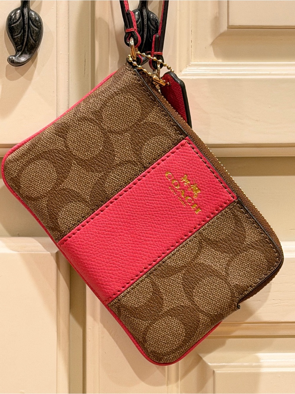NWOT Coach Brown Signature Canvas Wristlet with Pink Leather Panel